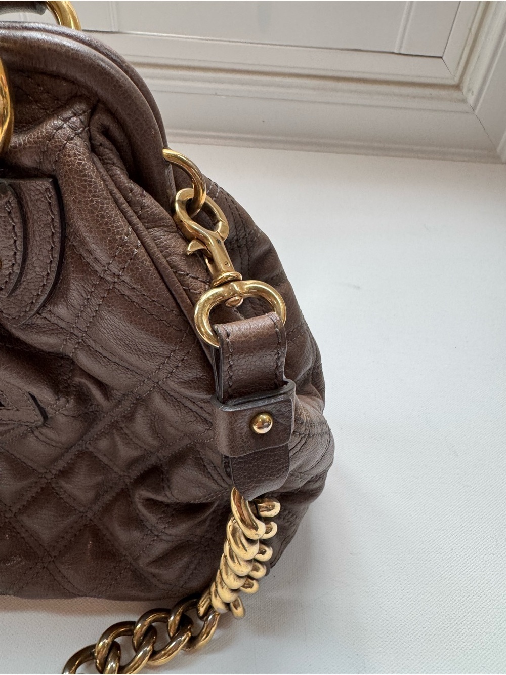 Authentic Marc Jacobs Stam Bag Quilted Brown Leather Gold Chain Kiss Lock Italy - Picture 5 of 16